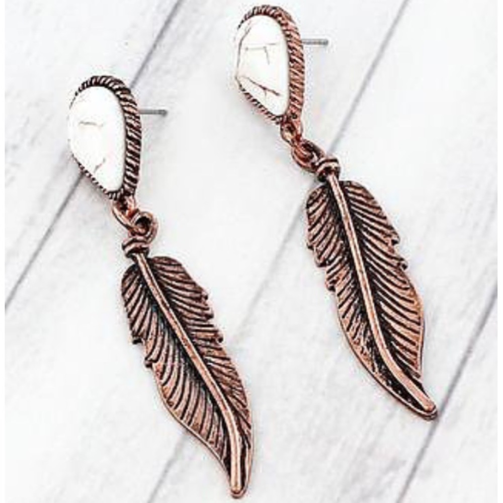 Coppertone Howlite Feather Dangle Post Earrings